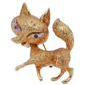Signed 18k Gold Diamond and Ruby Fox Brooch