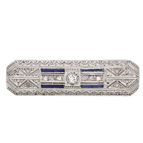 Art Deco Platinum Diamond and Sapphire Brooch