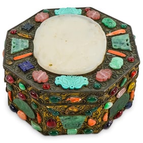 Antique Chinese Silver Wash White Jade / Coral/ Tourmaline Octagonal Box