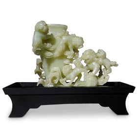 Chinese Large Carved Jade Vase W/ Five Foo Dogs