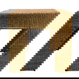 Mario Lopez Torres Low Square Rattan Side Table: DESCRIPTION: This is square woven rattan side table has a natural, earthy look. The table features an open-leg design. Signed "Ihuatzio Mich. Mario Lopez Torres, Tzumindi, 1974, Hecho en Mexico". CIRC