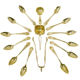 (15 Pc) Antique French Gilt Silver Tea Flatware Service