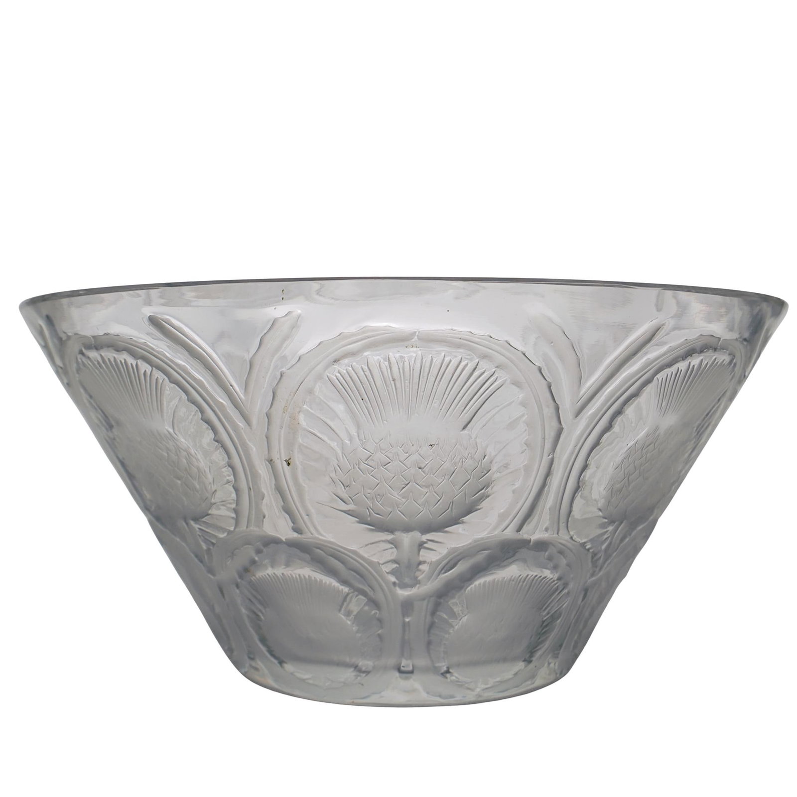 Lalique Crystal "Thistle" Centerpiece Bowl: DESCRIPTION: French Lalique crystal "Thistle" centerpiece bowl. In clear crystal decorated with frosted thistles. Marked with 'Lalique France" mark. Dimensions: CIRCA: 20th Century ORIGIN: France DIME