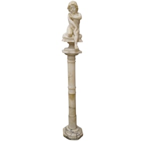 Antique Putti Alabaster Sculpture On Marble Pedestal