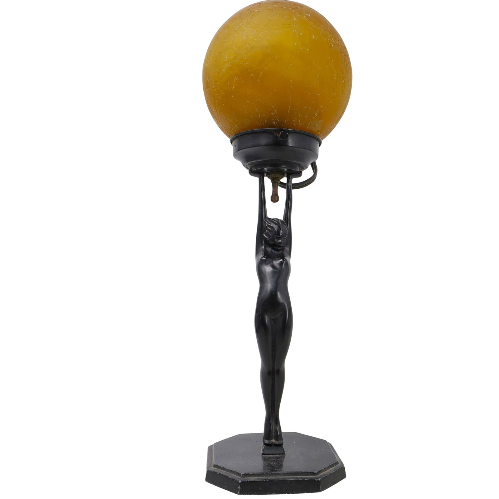 Art Deco Frankart Nude Figural Lamp: DESCRIPTION: Art Deco Frankart lamp, featuring a black enameled nude as the central column standing atop an octagonal base. Complete with an amber crackle glass globe lamp shade. Signed "FRANKART '27"