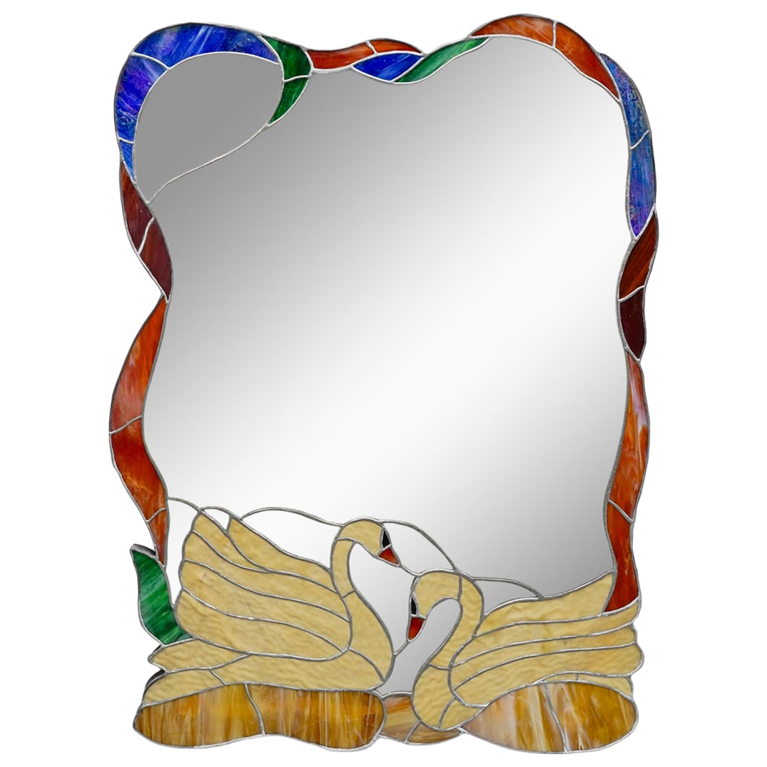 Art Nouveau Style Glass Mirror: DESCRIPTION: Art Nouveau movement style mirror with mutli-colored stained glass border and two swans along the bottom. CIRCA: 19th-20th century ORIGIN: Continental DIMENSIONS: 42 1/4" x 31 1/2" CONDIT