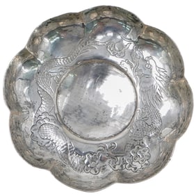 Chinese Silver Etched Dragon Small Tray Dish