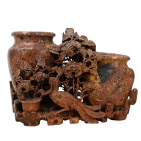Chinese Carved Soapstone Double Vase