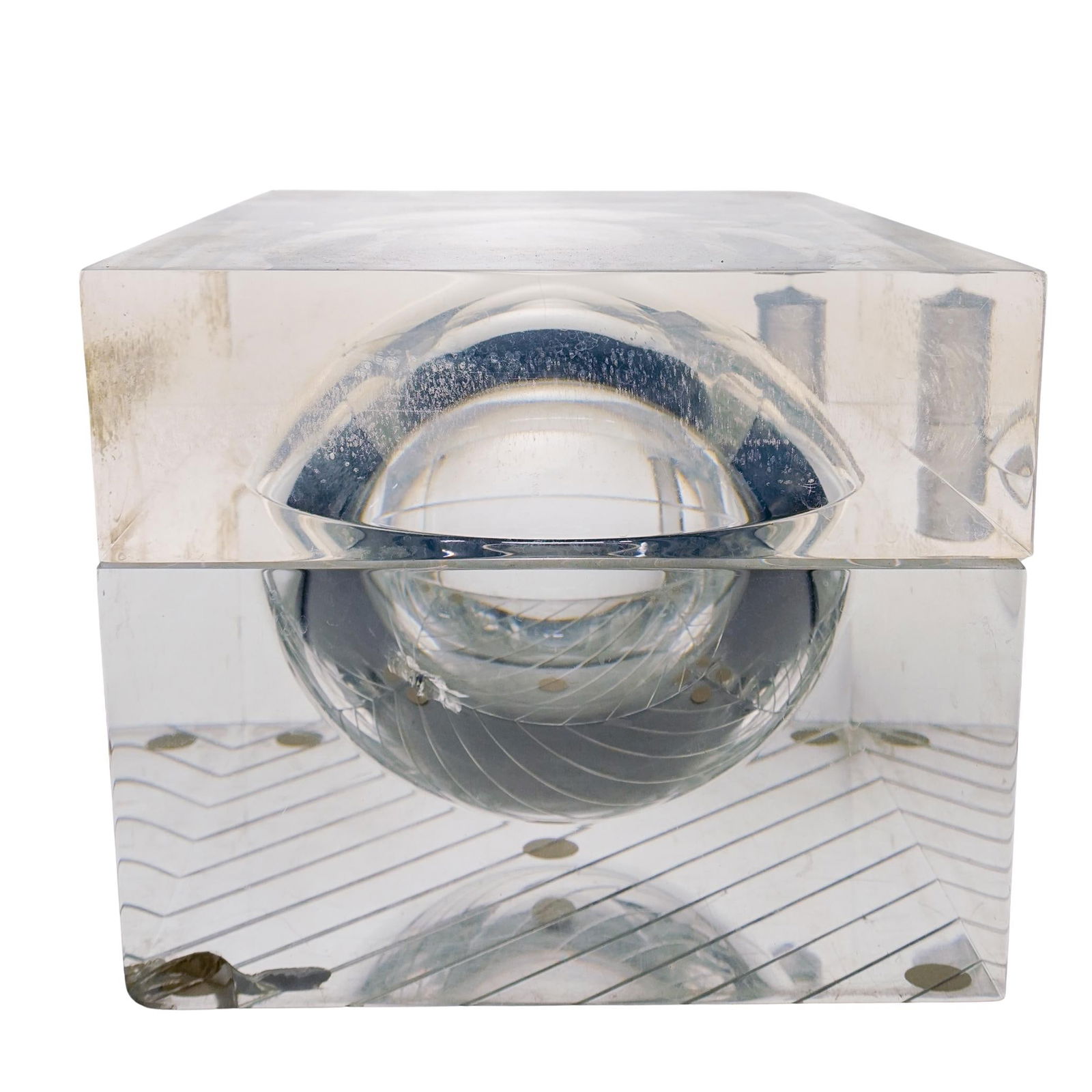 Mid Century Clear Lucite Box W/ Swivel Cover: DESCRIPTION: Vintage square box features thick lucite with a swivel top. The top rotates open revealing a smooth hollow bowl. Excellent condition. CIRCA: Mid 20th Ct. ORIGIN: France DIMENSIONS: H: 6 1