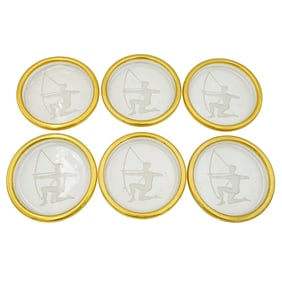 (6 Pc) Art Deco Glass and Gilt Bronze Coasters