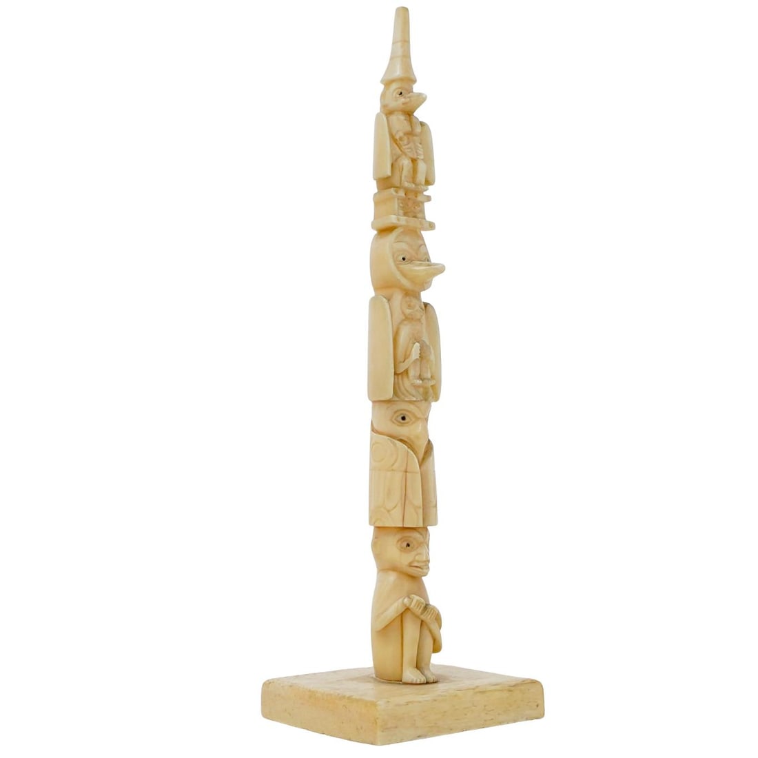 Antique Carved Bone Native American Totem Figurine: DESCRIPTION: Native American totem carved bone figurine. Provenance: Mr and Ms Castaldi, private Brooklyn estate. CIRCA: Late 19th early 20th century ORIGIN: Americas DIMENSIONS: H: 5", base is a rect