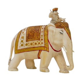 Antique India Carved Bone Elephant and Rider Figurine