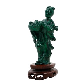 Antique Chinese Carved Malachite Figure On Carved Wooden Base