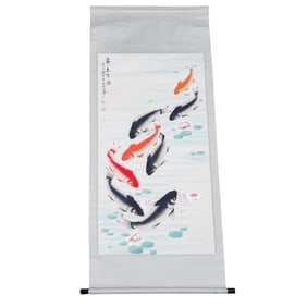 Chinese Wu Qingxia "Carps In Pond" Ink / Color On Paper Hanging Scroll