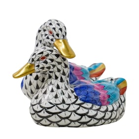 Herend Porcelain Double Duck Black Fishnet Figurine