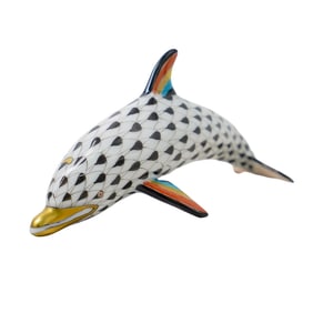 Herend Porcelain "Medium Dolphin" Black Fishnet Figurine