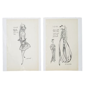 (2 Pc) Vintage Boho La Roche (French, 1921) Fashion Sketches