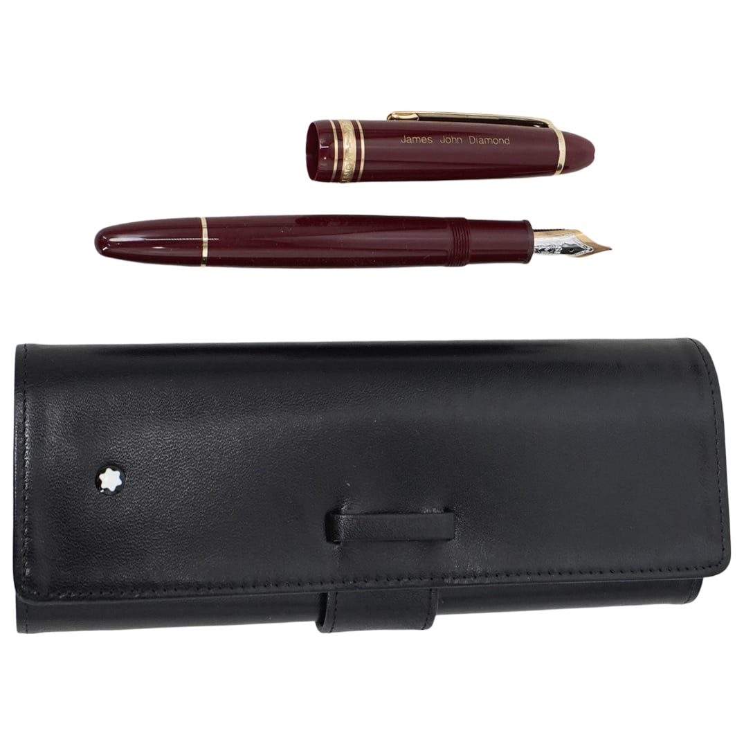 Gold Plated Mont Blanc Meisterstuck 147R Traveller Fountain Pen: DESCRIPTION: This is a Mont blanc fountain pen with a deep burgundy-colored body and gold accents. The pen has a 14K gold nib and is numbered 4810. The cap features Montblanc’s signature design with
