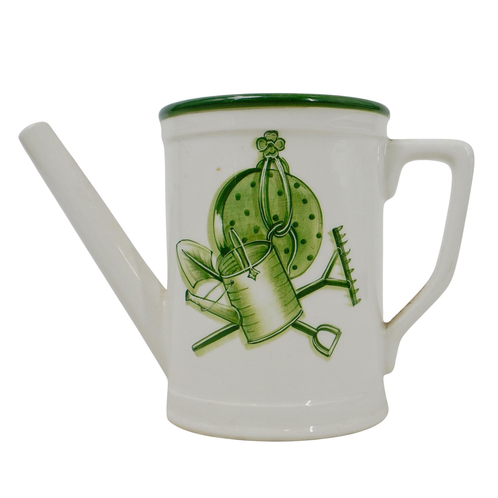 Tiffany and Co. Ceramic Watering Can: DESCRIPTION: Ceramic watering can with hand-painted depictions of gardening supplies in green. Marked on bottom "Este Ceramiche, made in Italy. Tiffany and Co. 2002, hand-painted". Provenance: Mr and