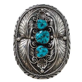 Native American Navajo E. Bahe Sterling Silver & Turquoise Belt Buckle