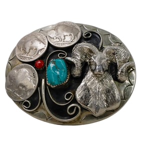 Vintage Navajo Belt Buckle W/ Buffalo Nickel & Silver Ram