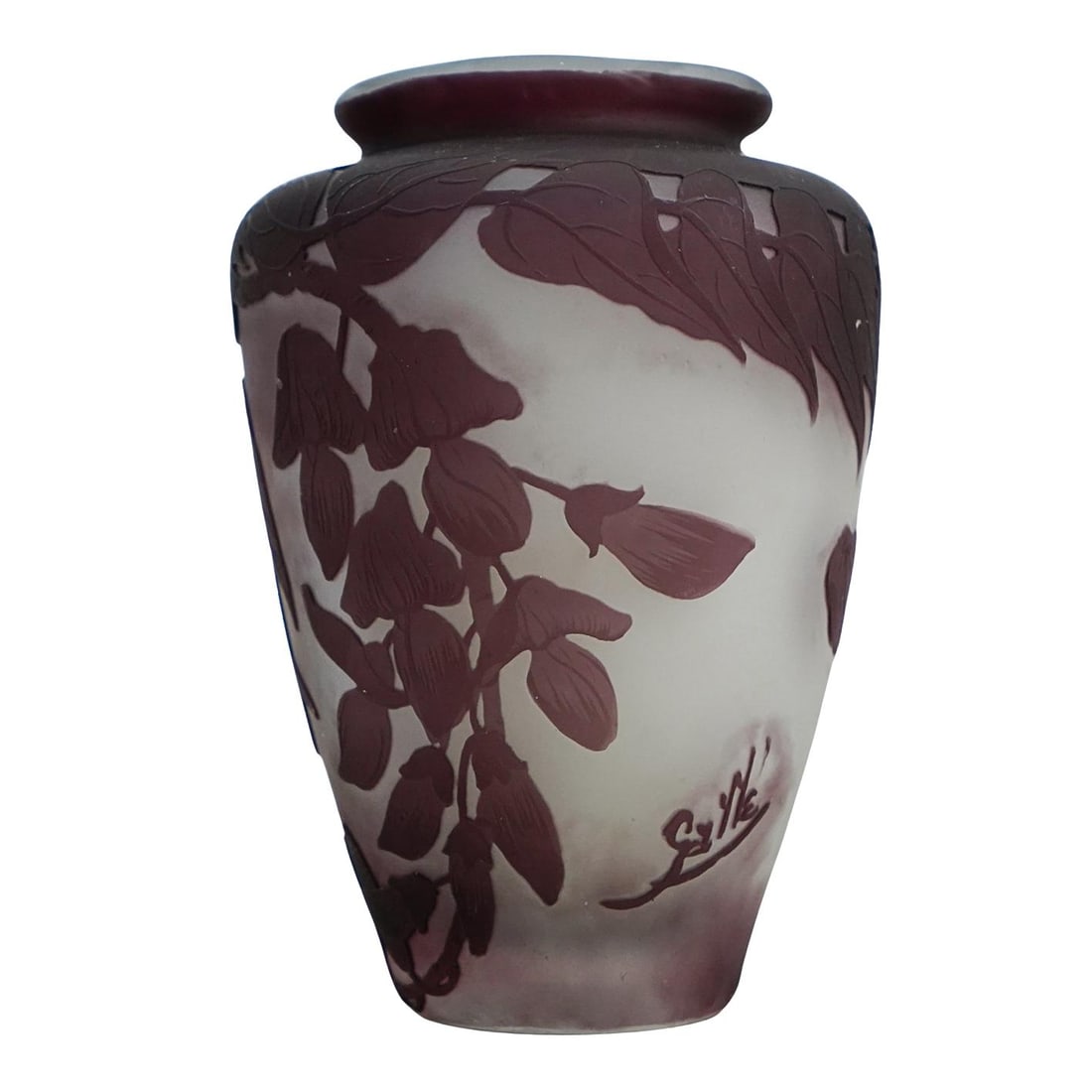 Antique Galle Cameo Glass Vase: DESCRIPTION: Antique Galle cameo glass vase, featuring a light purple body with dark purple cameo glass leaves, signed "Galle" in cameo glass. CIRCA: Early 20th Century ORIGIN: France DIMENSIONS: H: 4