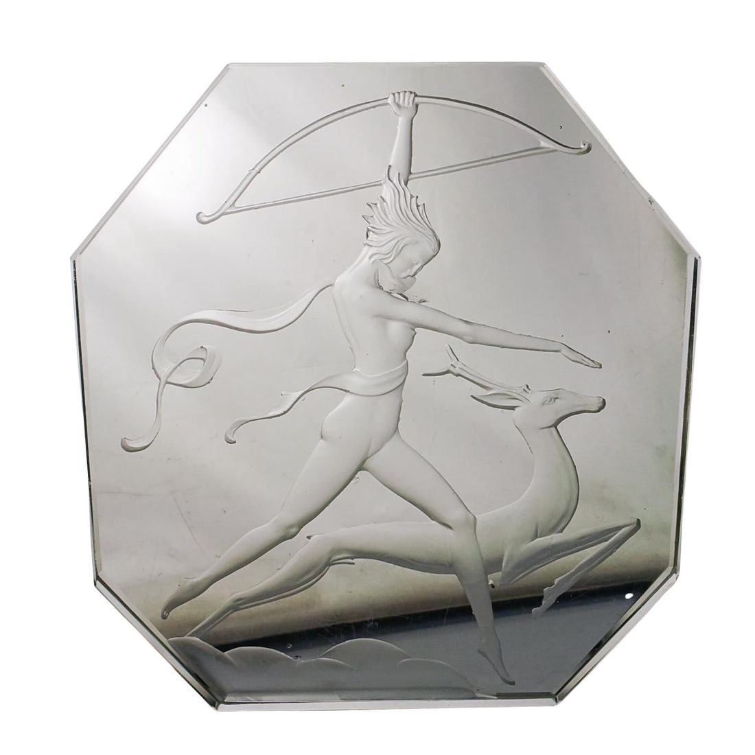 Art Deco Intaglio Diana the Huntress Glass Plaque: DESCRIPTION: Art Deco glass plaque, featuring intaglio cut of 'Diana the Huntress', depicting a nude female holding a bow and arrow with a deer prancing in front of her. Marked "Germany" at base. CIRC