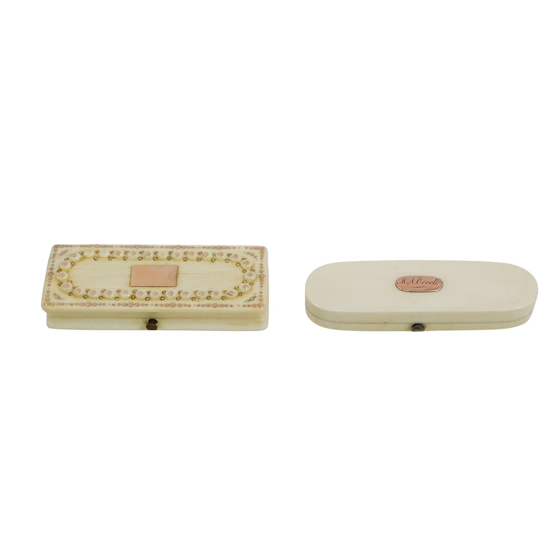Pair Of 18th Century Carved Bone and Gold Pill Boxes: DESCRIPTION: Pair of 18th century carved bone pill boxes, one in rectangular form, the other in oblong oval form. Both feature gold plaques on the lid and gold hinges. Rectangular box has gold beaded