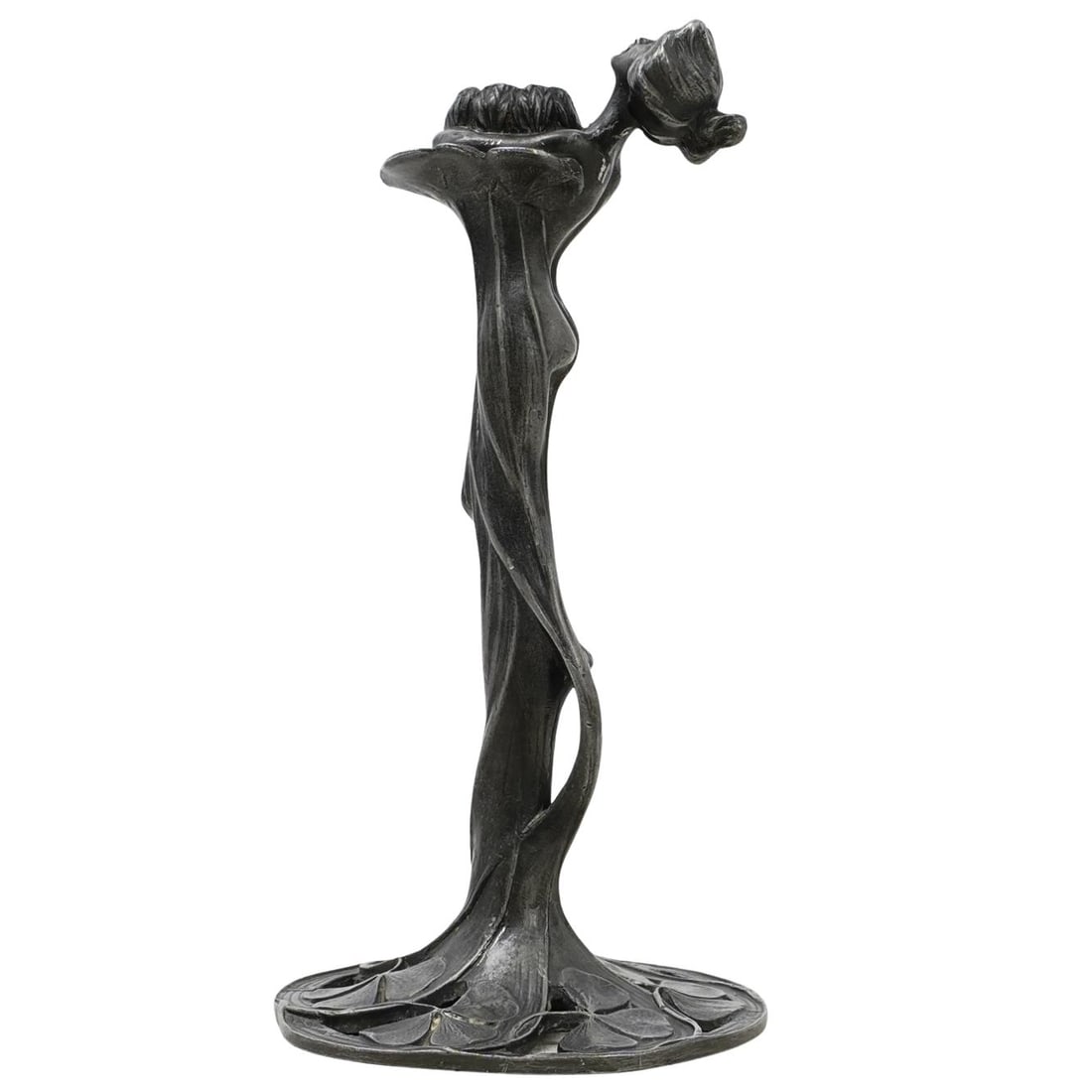 Art Nouveau Pewter Figural Candle Holder: DESCRIPTION: Art Nouveau style pewter figural candle holder featuring a clover detailed base, a female figural design at top and floral candle holder component. CIRCA: 20th century ORIGIN: Continental