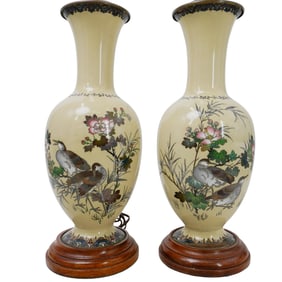 (2 Pc) PaIr Of Vintage Cloisonne Enamel On Copper Table Lamps