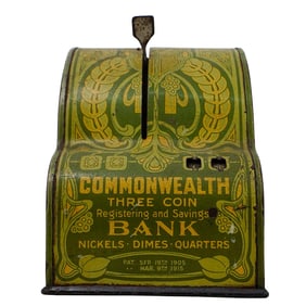 American Co. 1915 Art Nouveau Commonwealth Three Coin Tin Register Bank
