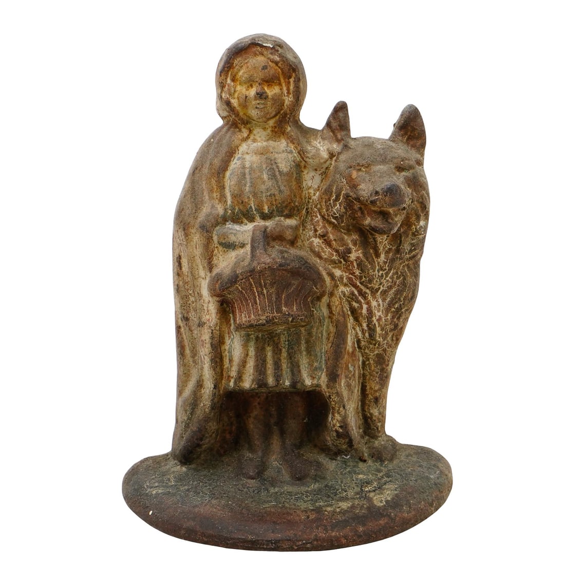 Cast-Iron Door Stop: DESCRIPTION: Cast-iron door stop depicting Little Red Riding Hood and the Wolf. CIRCA: 19th to 20th century ORIGIN: USA DIMENSIONS: H: 7 1/8" W: 2 1/2" L: 5 3/8" CONDITION: Paint has almost completely