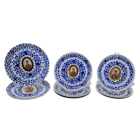 (9 Pc) Russian Gardner Porcelain 'Naser al-Din Shah Qajar' Plates Set