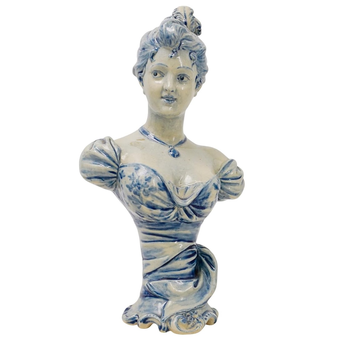 J. Berthoz Female Bust Porcelain Sculpture: DESCRIPTION: Vintage porcelain sculpture, depicting a female bust with a blue and white glaze, in a ruffled dress, an oval shaped pendant necklace, and her hair decorated with feathers. Signed at reve