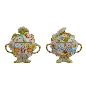 (2 Pc) Antique English Coalbrookdale by Coalport Porcelain Covered Cups