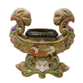 Antique Mythological Enameled Ceramic Jardiniere
