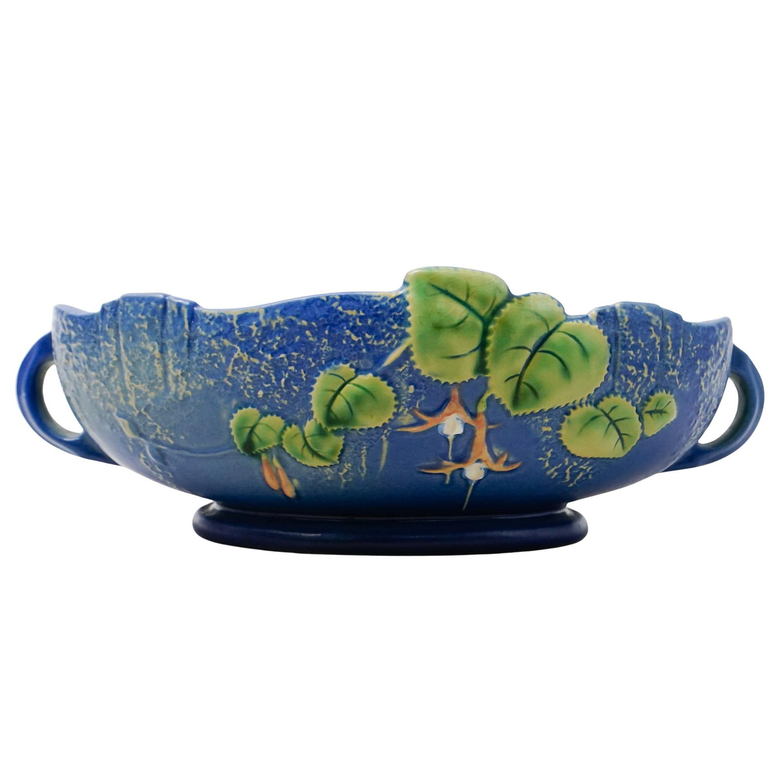 1930's Roseville Jardiniere Planter: DESCRIPTION: Roseville USA pottery. Planter or small jardiniere in a bright blue with carved and hand-painted floral designs. Marked on bottom of base with "Roseville 351-10"". Due to the type of mark