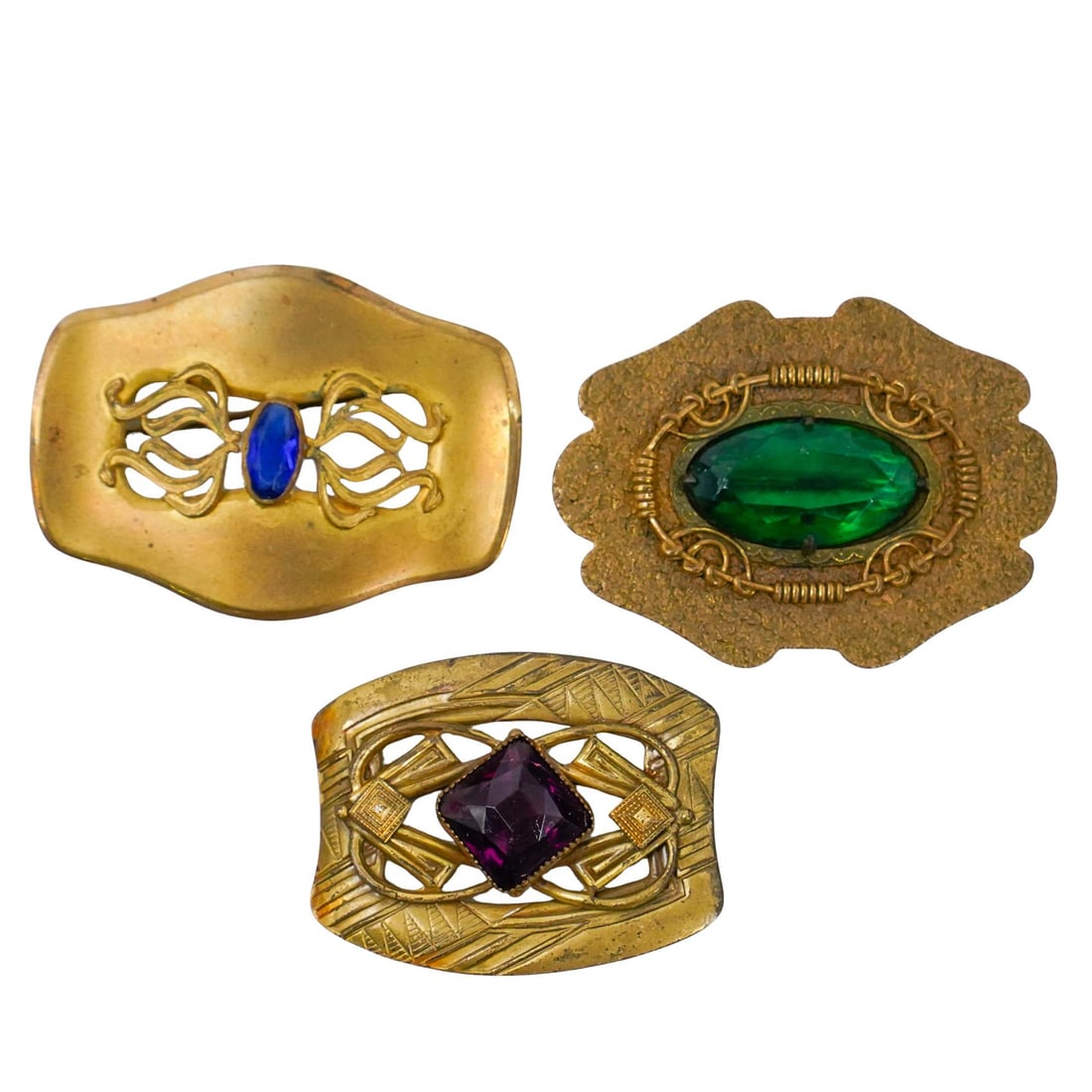 (3 Pc) Antique Edwardian Art Nouveau Textured Brass Sash Pin brooches (1 of 6)