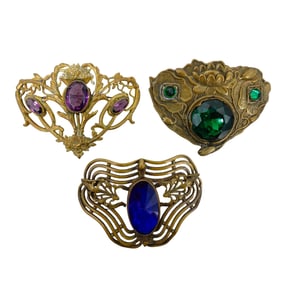 (3 Pc) Antique Victorian Art Nouveau Stone Inset Sash Pin Brooches
