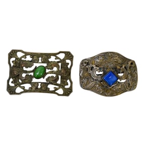 (2 Pc) Antique Victorian Textured Brass & Cabochon Sash Pin Brooches