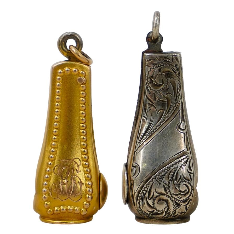 (2 Pc) Art Nouveau Sterling Silver & 10K Gold Fob Pendant Cigar Cutters: DESCRIPTION: (2 Pc) Art Nouveau Sterling Silver & 10K Gold Fob Pendant Cigar Cutters. The set includes: one (1) sterling silver cigar cutter, marked "Sterling"; and one (1) 10K gold monogrammed cigar