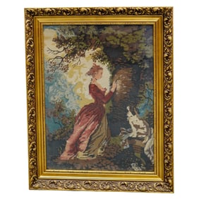 Antique Needlepoint Portrait Scene