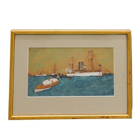 Antique Spanish-American War Framed Watercolor Painting