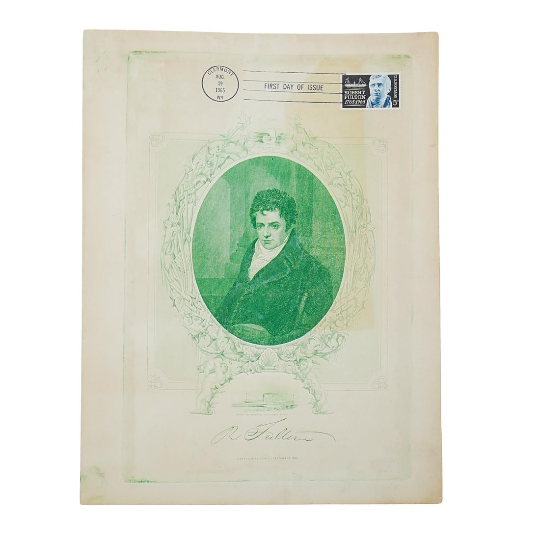 Robert Fulton Lithograph 1896: DESCRIPTION: Lithograph of Robert Fulton. Stamped at top with "Clermont Aug. 19 1965, NY" "first day of issue" with stamp. At bottom, lithograph is dated 1896, copyright John C Yorston and Co. Marked