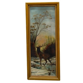 Antique Oil Painting Landscape W/ Deer On Canvas Painting