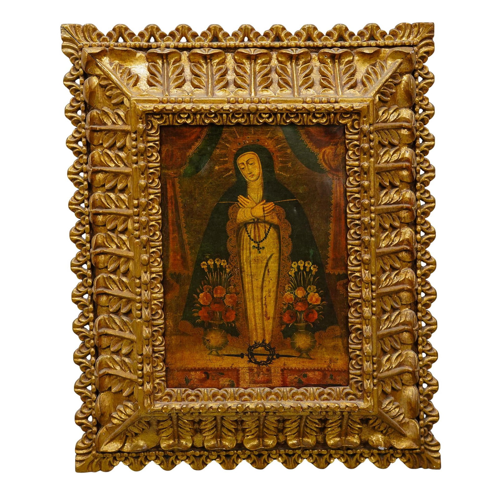 Antique Religious Virgin Mary Oil Painting: DESCRIPTION: This is an oil painting of the Virgin Mary. She is depicted with her hands crossed over her chest, wearing a dark green cloak and a light-colored dress. She is holding a rosary that hangs