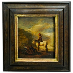 Antique European Oil On Board Traveler's Scene