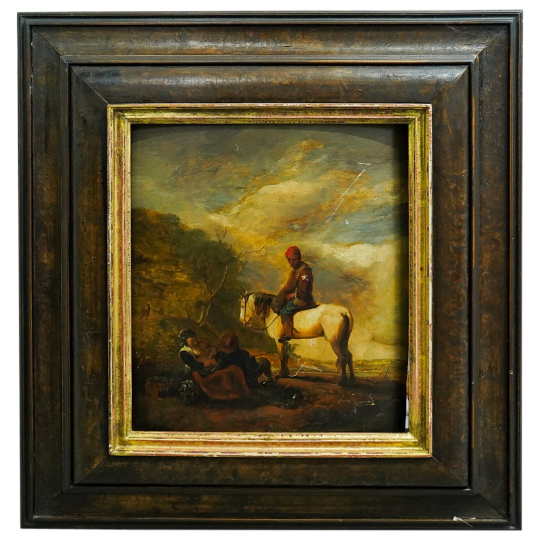 Antique European Oil On Board Traveler's Scene: DESCRIPTION: Oil on curved board painting depicting a turbaned man on horseback pausing to consider a family resting against a stone along the road. Mounted in a wooden frame with gilt accenting aroun