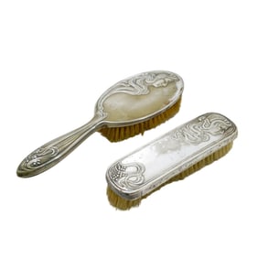 (2 Pc) Art Nouveau 1890s WMF Nickel Silver Brush Vanity Set