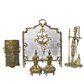 (7 Pc) Vintage French Brass Fireplace Set